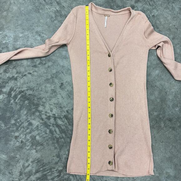 Free People Pink Ribbed Long Cardigan Sweater Medium Button Cashmere Silk Cotton - Picture 6 of 9